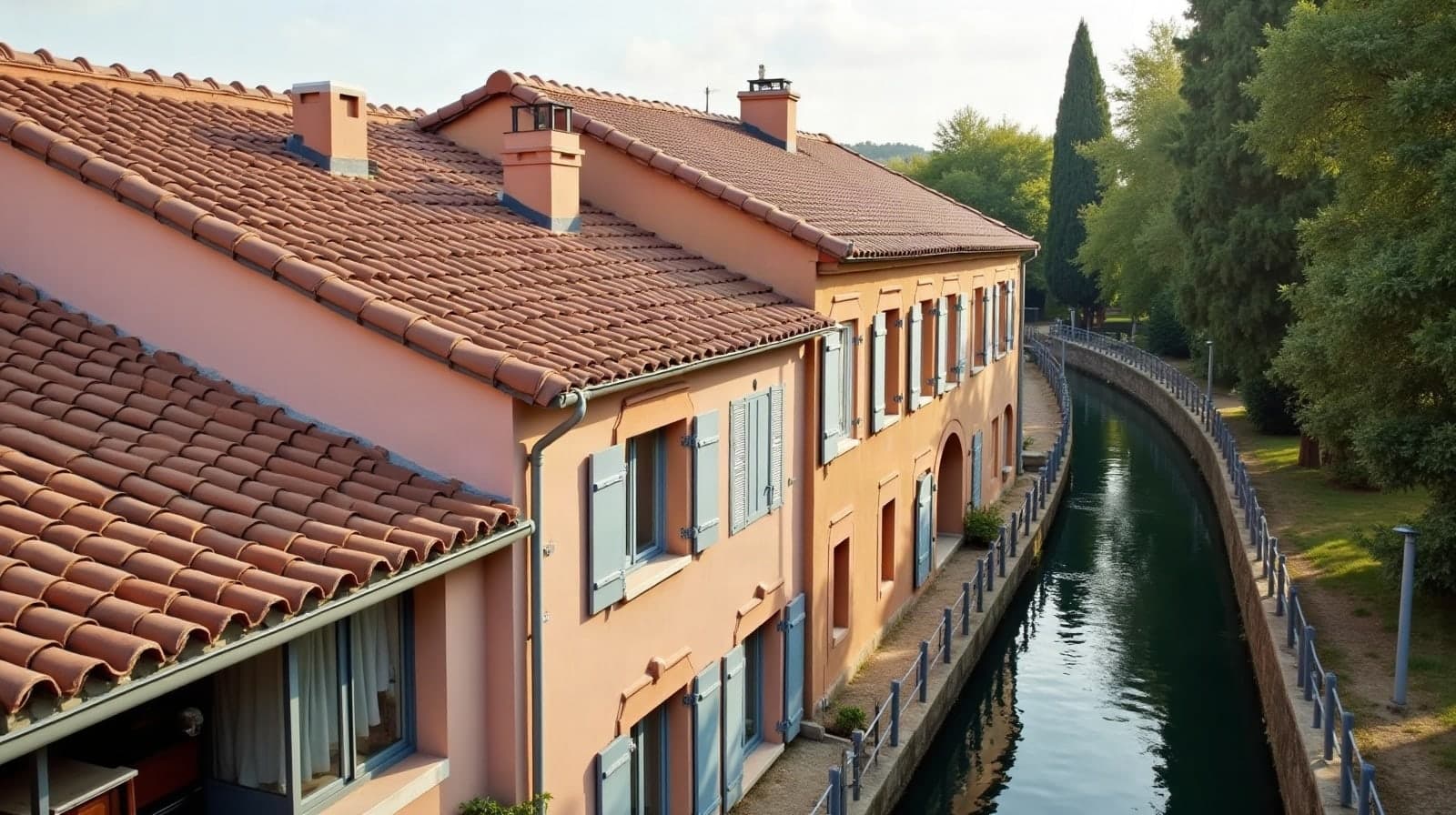 Toiture en tuile canal d'une maison de ville à Castelsarrasin, près du canal latéral à la Garonne