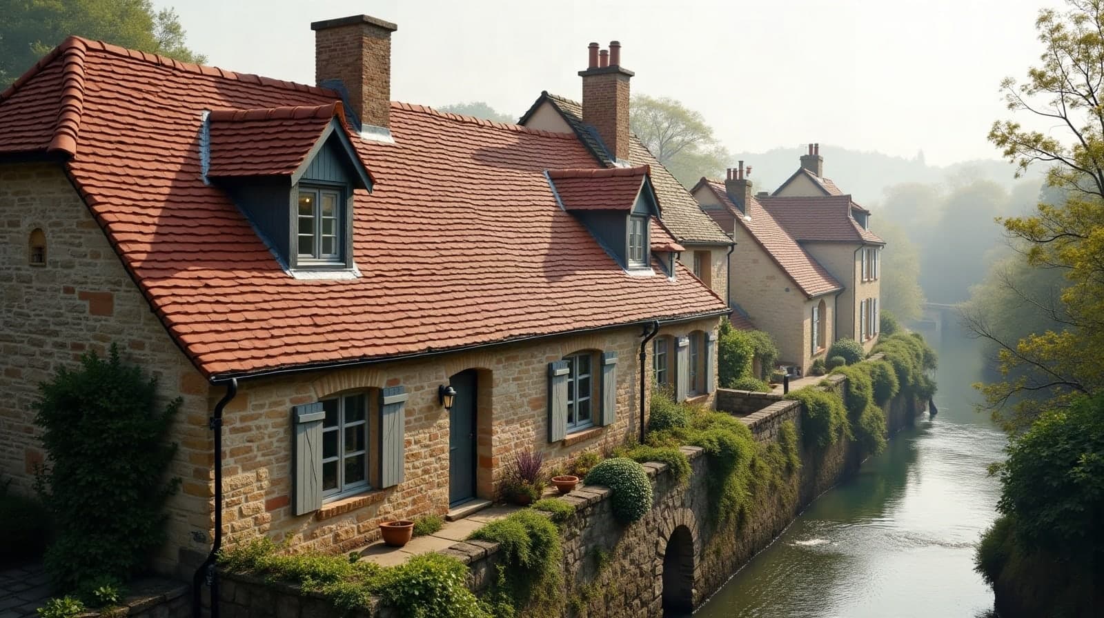 Toiture en tuile canal d'une maison ancienne à Nègrepelisse, vallée de l'Aveyron
