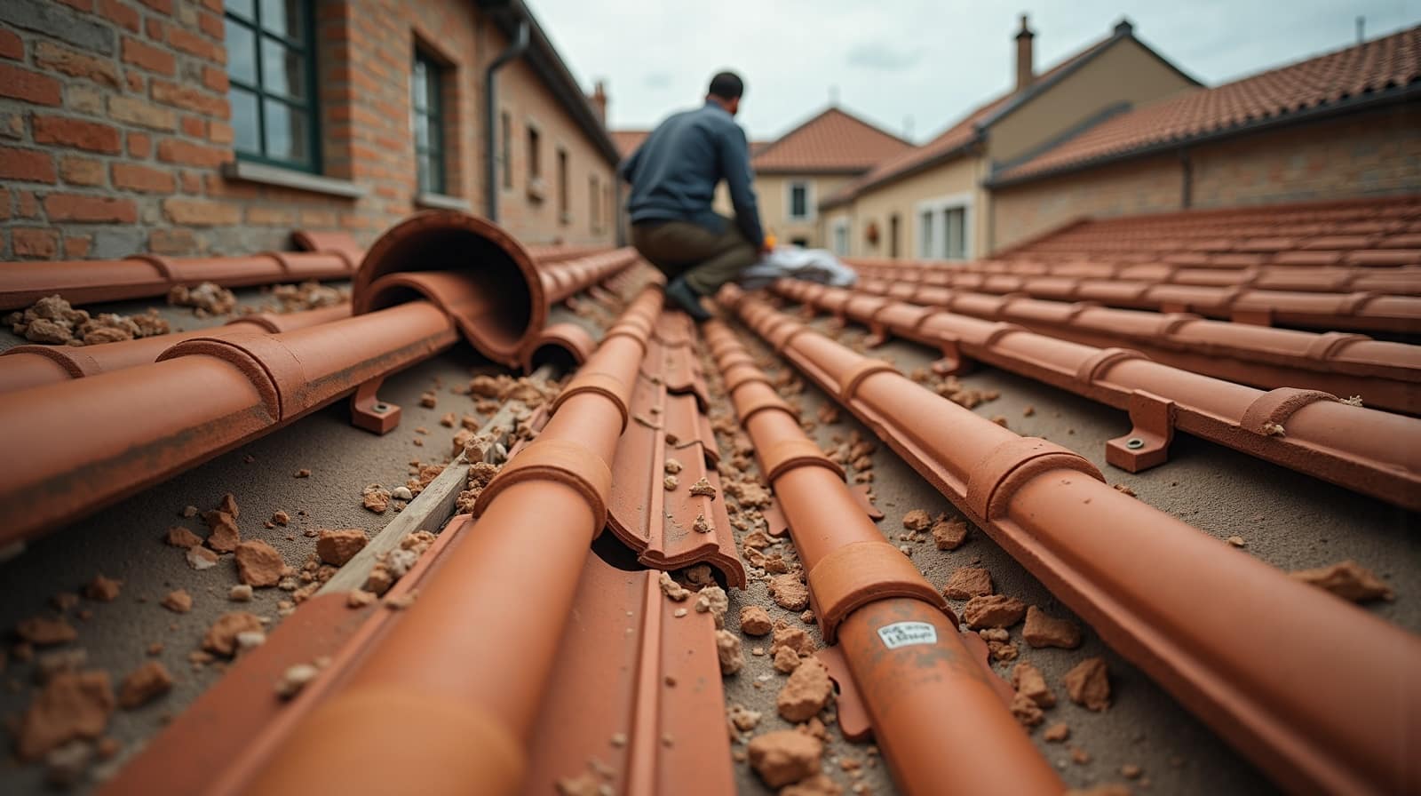 Toit en tuile canal après réception de travaux, versant complet vérifié depuis le faîtage