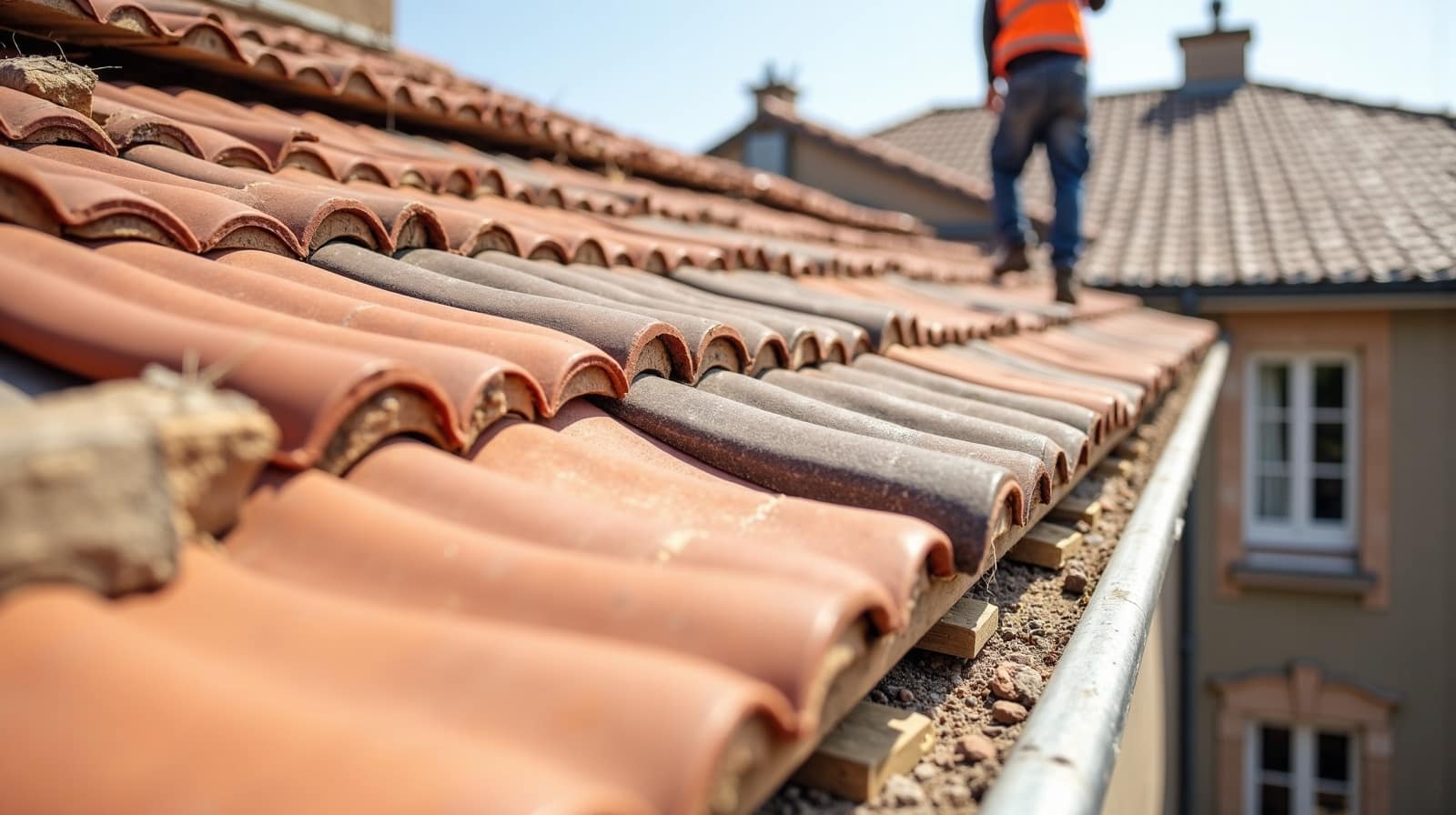Chantier de réfection de toiture en cours, versant partiellement recouvert de tuiles neuves